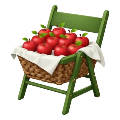woven basket with apples and cloth on a white wooden chair, green sticker
