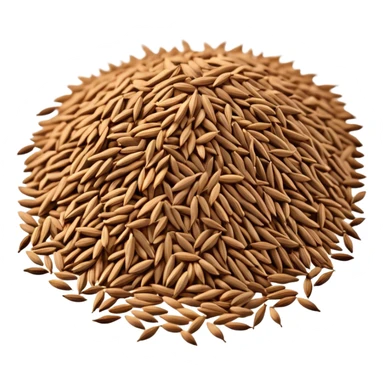 pile of cumin seeds, scattered arrangement, elongated curved seeds with fine ridges, earthy brown color, some size and color variation, dry and light texture, 3D clean style, transparent background sticker