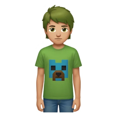 A 14 yerar old teenage boy, slightly tanned, wearing a green minecrcaft tshirt, blue jeans and green sneakers with brown tousled hair, smirking sticker