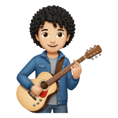 A boy with black fade curly hair Smiling and holdijg a guitar  sticker