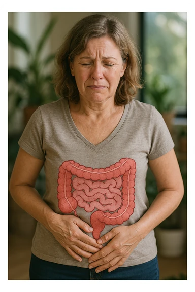 donna in menopausa con la disbiosi intestinale immagine realistica sticker