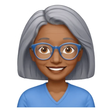 Older woman of color with gray shoulder length  hair and glasses and smiling sticker