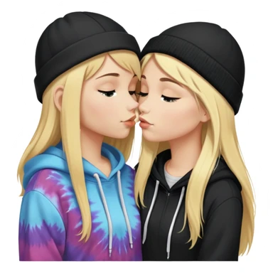 Short brunette haired white girl in a hoodie and a black beanie kissing a tall short long blonde haired girl wearing a black beanie and a tiedye hoodie. make ther brunette shorter than the blonde sticker