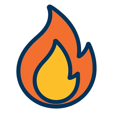 abstract flame shape with bold blue outline, geometric style icon sticker