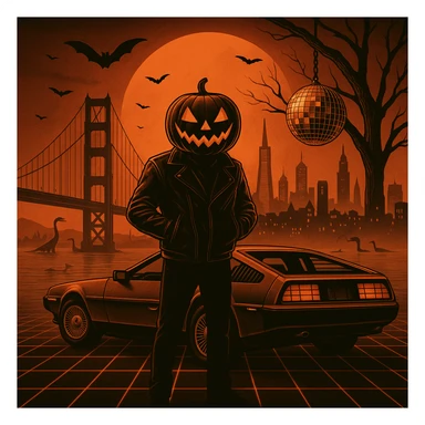 Add a disco ball hanging from the tree and small dinosaurs in the water.  make the cityscape of San Francisco including Coit Tower, TransAmerican Building.  sticker