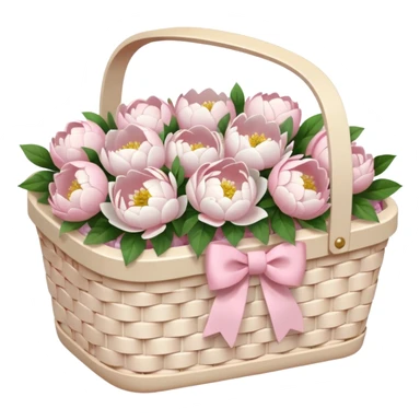 White Picnic basket with light pink bow and white peonies inside sticker