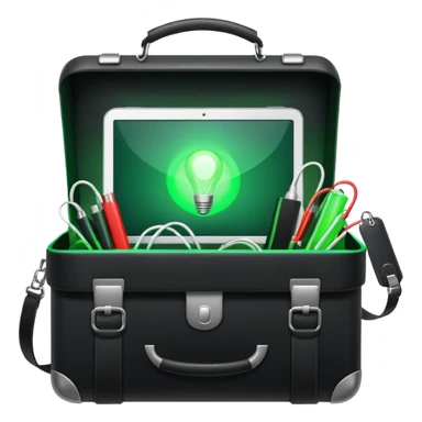 open hacking briefcase with green light emanating, cables and electronic gadgets sticker