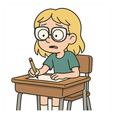 6th grade girl with blonde hair and glasses, sitting at a desk, cartoon style sticker