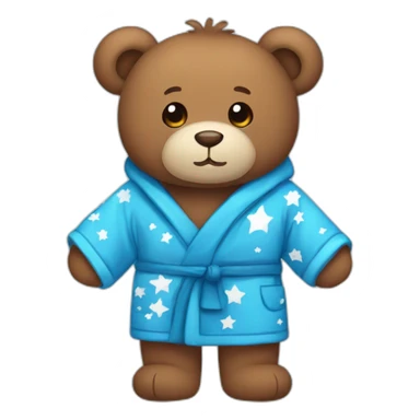 A brown teddy bear wearing a blue bathrobe with white stars sticker