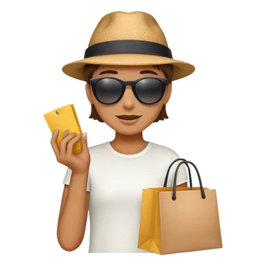 mystery shopper wearing sunglasses and a hat, holding a shopping bag sticker