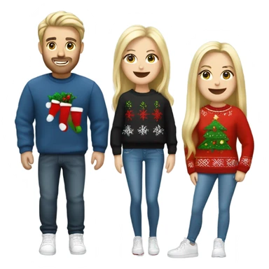 White couple,man with blach hair, blonde hair woman, with christmas jumper and jeans and sneaker sticker