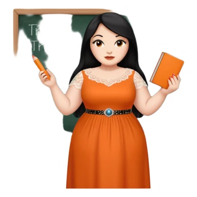  plus-size White woman is wearing makeup. She has long, straight, waist-length black hair and is wearing a full-body orange dress with rhinestones and lace. Her nails are painted orange. She is holding a book in one hand and a crayon in the other. A chalkboard is behind her. sticker