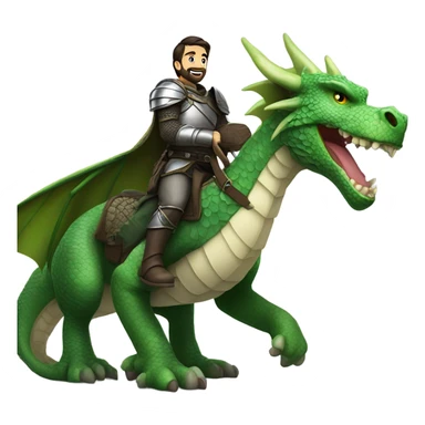 Confident armored White Man with dark brown hair and a short beard riding on the back of a giant green dragon sticker