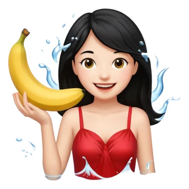a water splashing banana above a girl with black hair and red dress sticker