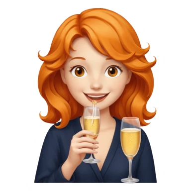 A shy young woman with orange wavy hair gently takes her first small sip of champagne, smiling with excitement. sticker