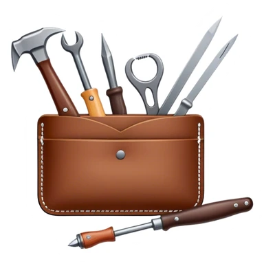 Leatherworking icon, piece of raw leather being crafted into a leather wallet or belt, professional tools like leather stitching awl, edge beveler, hammer, prying tool, minimalistic style, clean lines, transparent background. sticker