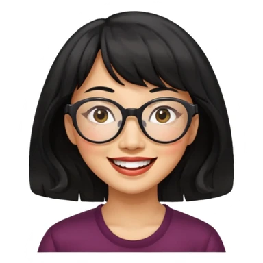 40 yr old asian woman wavy black hair bangs big glasses big smile tanned skin sticker