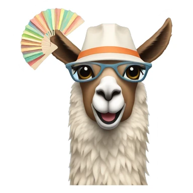 llama cooling off with a paper fan sticker