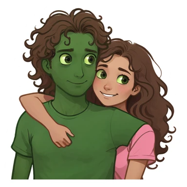couple cuddling. Girl with dark skin, brown eyes, waist length long curly hair, wearing a pink top. Guy with white skin, green eyes buzz cut, in a white T-shirt. He hugs her from behind. sticker