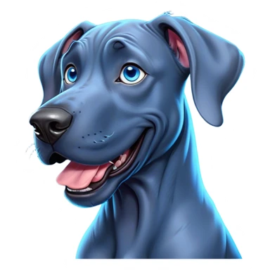 Cinematic Comical Blue Great Dane Portrait Emoji, Head tilted dramatically with an exaggeratedly amused expression, featuring a striking blue Fur with a glossy finish, wide, expressive steel-blue eyes filled with playful disbelief, Simplified yet hilariously expressive features, highly detailed, glowing with a slightly sassy glow, high shine, dramatic yet playful, stylized with an air of cheeky charm, bright and endearing, soft glowing outline, capturing the essence of a spirited and over-the-top guardian, so meme-worthy it feels like it could side-eye its way into internet fame instantly! sticker