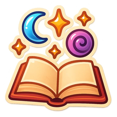 open book with floating magical symbols and stars above, no twigs or leaves, retro sticker style, shadows and highlights sticker