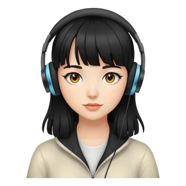 Con gái, đeo tai nghe, tóc đen, để mái sticker