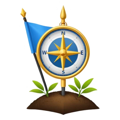 A minimal emoji of a compass pointing toward a planted flag. Flat design, confident colors, modern emoji style. Represents choosing direction and seeing it through to completion. Avoid corporate or motivational poster aesthetics. sticker
