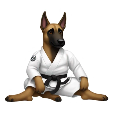 Belgian malinois wearing white jiujitsu gi with a black belt sticker