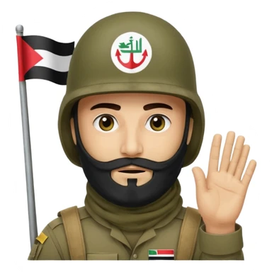 surrenders, depicts an Iraqi soldier from 1980, with a beard, in a helmet, a helmet with sign flag Iraq, with a balaclava, with sad eyes and both hands raised up sticker