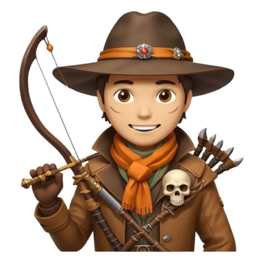 male human monster hunter emoji, wearing brown leather coat and wide hat, holding crossbow or rifle, with amulet shaped like skull, Halloween fantasy theme, confident smile, orange scarf, Apple emoji style, clean white background, square image sticker