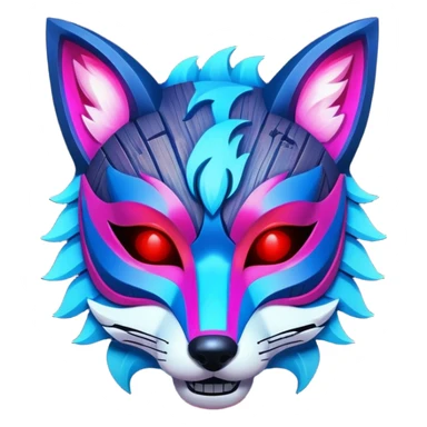 Ancient wooden mask, broken in half, luminous and neon with red, blue, and pink fox-like glow. Fragments of the mask scattered around. sticker