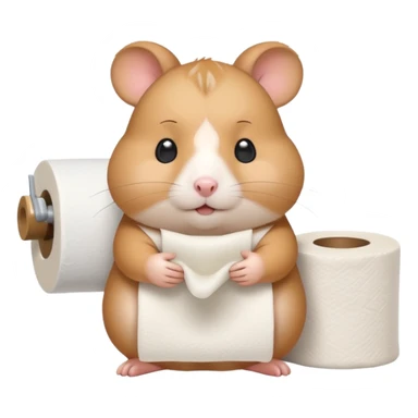 Cute chubby cartoon-style hamster holding toilet paper sitting on toilet looking as if he had an accident, sticker-style illustration sticker