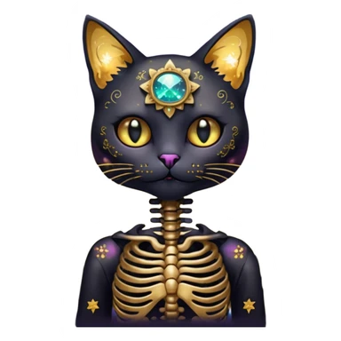 Black iridescent cat zombie skeleton gold mechanical nebula galaxy stars flowers fairy lights vintage sticker