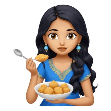 a pretty tan indian bratz girl with wavy long BLACK hair. eyeliner on, wearing a blue kurti, eating golgappa (without spoon) sticker