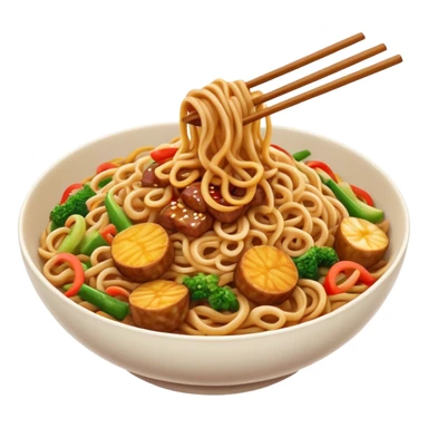 Cinematic Realistic Mie Goreng Dish Emoji, featuring stir‚Äêfried noodles with vegetables and meat rendered with dynamic textures and warm, appetizing lighting. sticker