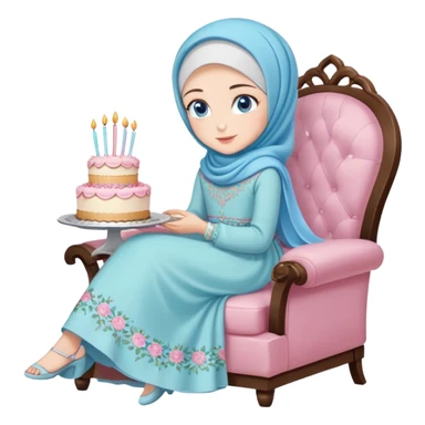 Turkish beautiful finish Konya girl blue eyes with pastel hijab long tail dress and sits on the chair and holds floral cake with her hand  sticker