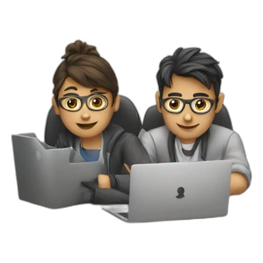 two IT nerds working on a laptop sticker