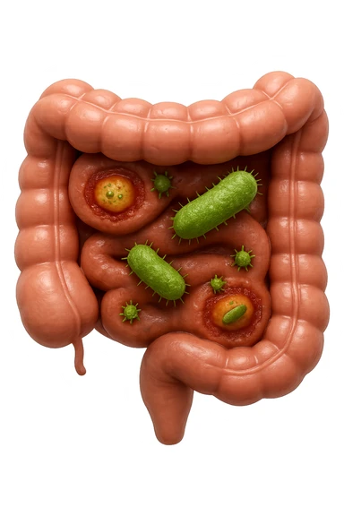 emoji stile iphone in 3d di intestino realistico con infezione e batteri dentro, iperrealistico 4k sticker