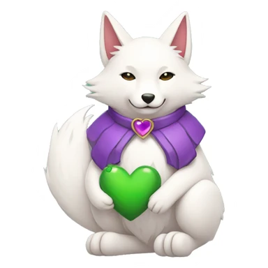 A Kitsune Holding a Purple Heart, a Green Heart and a White Coloured Heart sticker