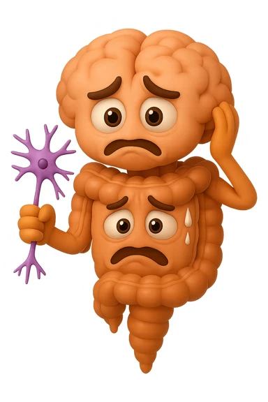 EMOJI STILE IPHONE DI UN INTESTINO collegato verticalmente ad un cervello mentre tiene in mano un neurone, espressione stressata, IPERREALISTICO 4K sticker