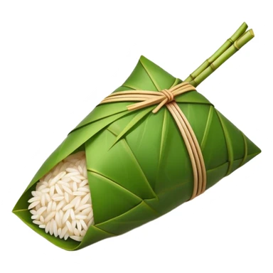 Rice dumpling Zongzi wrapped in bamboo leaves, simplified emoji style with bold outlines and bright colors, cartoon style sweet glutinous rice treat sticker