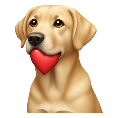 Golden lab holding a heart sticker