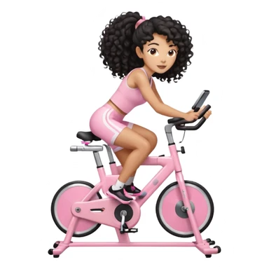 Mixed-race athletic woman with caramel skin, long black curly hair in a high ponytail, riding a pastel pink stationary bike sticker