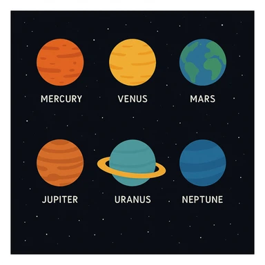 Show eight planets of the solar system simply and clearly, each planet a different color, with a darker space background. sticker