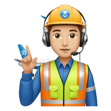 ramp agent at airport wearing reflective vest and headphones, directing aircraft sticker