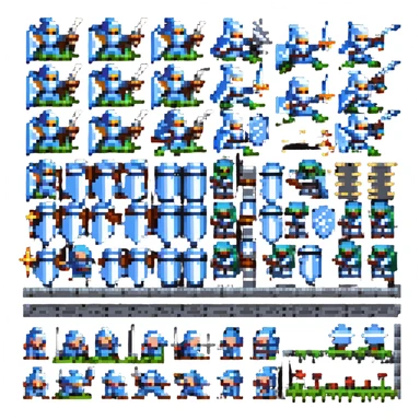 pixel art sprite sheet of a knight attacking animation frames 8-bit NES style sticker