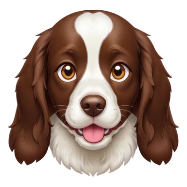 Cinematic Cute Springer Spaniel Portrait Emoji, Head tilted playfully and inquisitively, featuring a vibrant Fur of liver and white with a natural sheen, round, sparkling brown eyes filled with curiosity, Simplified yet irresistibly adorable features, highly detailed, glowing with a warm, friendly glow, high shine, affectionate and lively, stylized with a touch of whimsy, bright and endearing, soft glowing outline, capturing the essence of a mischievous yet loving pup, so playful it feels like it could frolic out of the screen and into your arms! sticker
