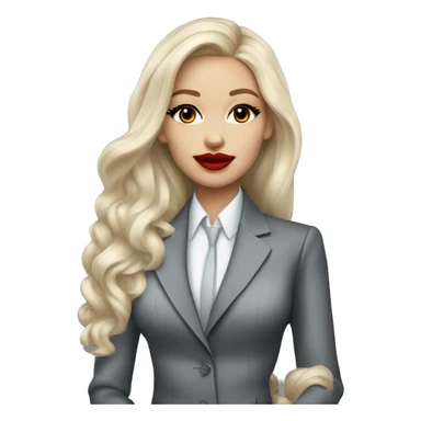 Russian Blonde long hair with big red lips small nose and black eyes Tiffany diamond seller in a grey suit sticker