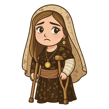 Kurdish cartoon sticker of the same woman in the new dress, with a cast on her arm or leg, crutches, sad but hopeful expression, no text, transparent background sticker