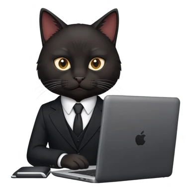 Black cat in a black business suit in an office with laptop sticker